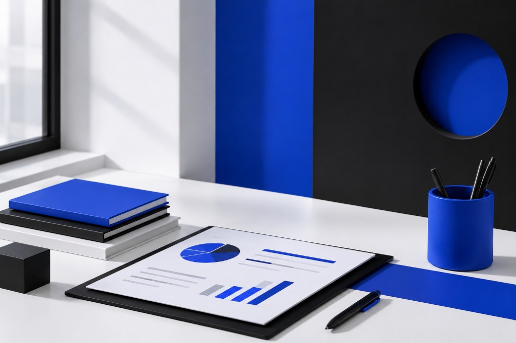 Office desk with clipboard showing charts and data visualisations in blue, black, and white