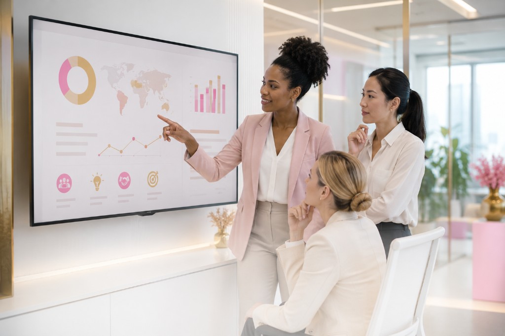 Team reviewing a strategic delivery plan on screen in a modern boardroom